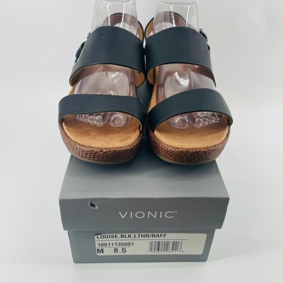 Vionic Sandals – Size 8.5 WIDE Women's Louise Raffia Black Leather Platform NEW - Picture 2 of 12
